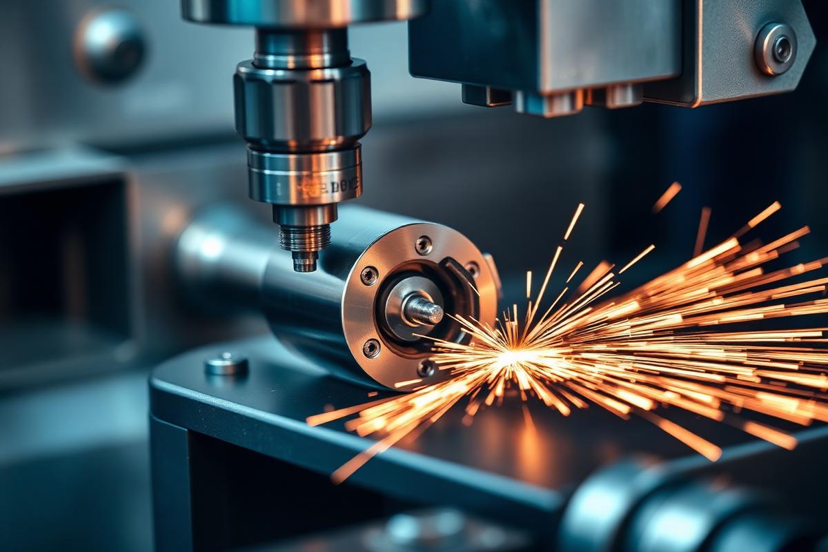 CNC machining centre cutting a precision metal component